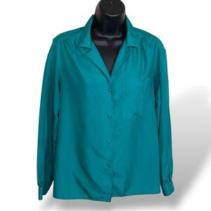 Vintage Petite 4 Studio Collections Satin Look Button Up Blouse Long Sleeve Teal